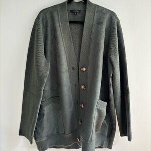 Ann Taylor Mixed Media Faux Suede & Knit Cardigan Sweater, Green size XXL